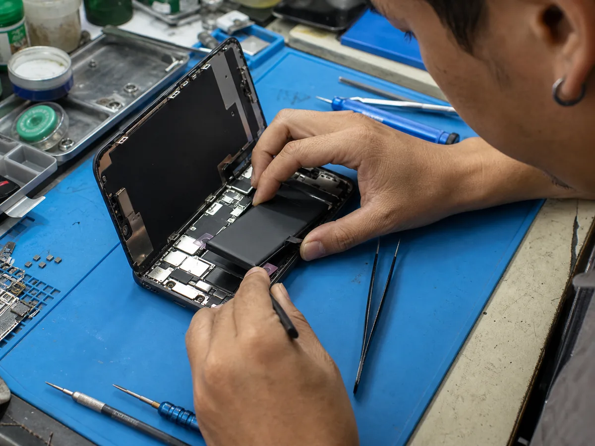 ภาพจำลองงานเปลี่ยนแบตเตอรี่ iPhone สำหรับบริการใหญ่ไอทีเซอร์วิส ตำบลท่าขุนราม กำแพงเพชร
