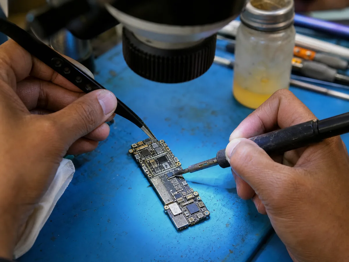 ภาพจำลองงานซ่อมบอร์ด iPhone ด้วยกล้องจุลทรรศน์ สำหรับบริการใหญ่ไอทีเซอร์วิส ท่าขุนราม กำแพงเพชร