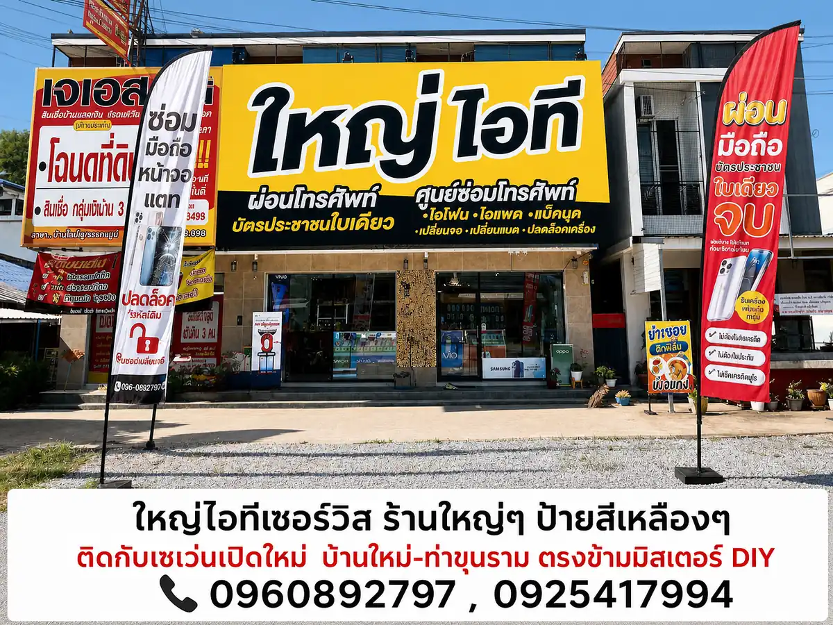 หน้าร้านจริงใหญ่ไอทีเซอร์วิส ป้ายสีเหลืองริมถนน บ้านใหม่สุวรรณภูมิ ตำบลท่าขุนราม อำเภอเมืองกำแพงเพชร